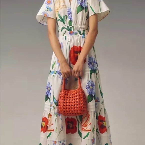 Anthropologie Somerset White Floral Tiered Midi Dress with Red & Blue Blooms - Picture 3 of 3